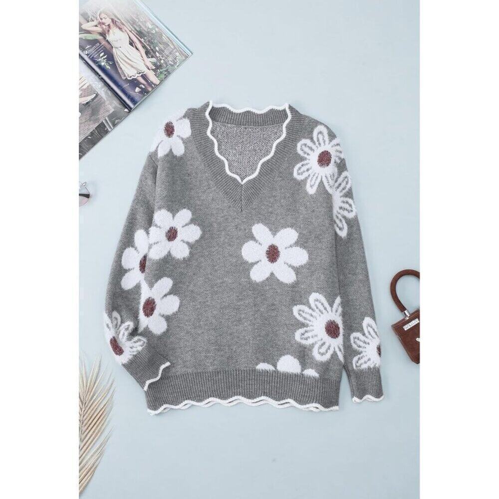 Women's Oversized V Neck Fuzzy Sweaters Grey Loose Long Sleeve Top - Picture 7 of 9